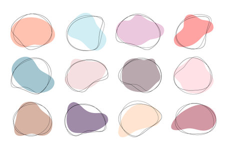 Color liquid irregular amoeba blob shapes vector collection isolated on white background. Pastel colors fluid bobble blotch forms set, deform drops graphic elementsのイラスト素材