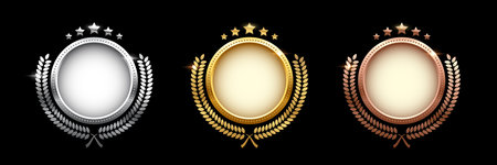 Set of shiny circle medals, laurel wreath with stars vector illustration. Chrome shining round badge prize for winner, award trophy nominee luxury symbol, nomination reward emblem on black backgroundのイラスト素材