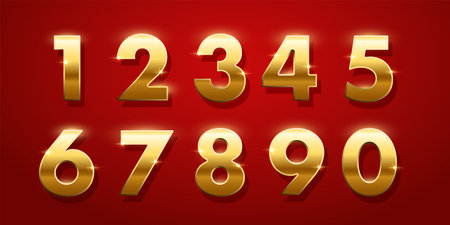 Birthday golden numbers isolated on red background. Set of gold yellow isolated numbers. Bright metallic 3D, realistic vector design elementsのイラスト素材