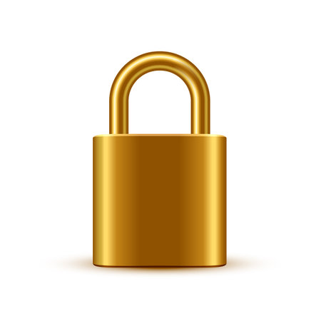 Padlock vector illustration. Steel golden lock isolated on white background. Secure privacy and business information. Personal data protection. Safety conceptのイラスト素材