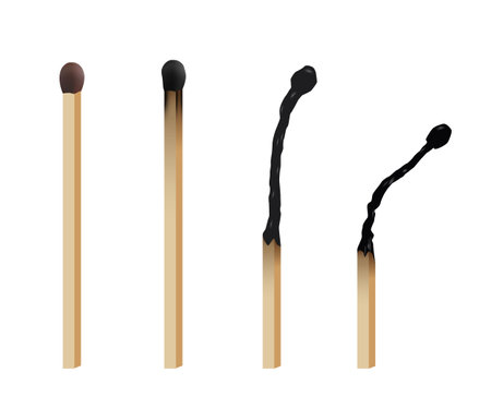 Match sticks with flame sequence set. Wooden match burning cycle. New, blazing, burned, blown out matchsticks. Realistic vector illustration on transparent backgroundのイラスト素材