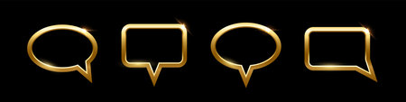 Gold speech bubble frames set for picture with shadow on black background. Ellipse and square blank space for picture, painting. 3d realistic tube template vector illustration. Simple object mockupのイラスト素材