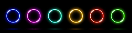 Glowing light neon abstract circles on black background. Color led round electric frames. Geometric vector illustration set. Empty blue, pink, green, purple, red, yellow rings art decoration designのイラスト素材