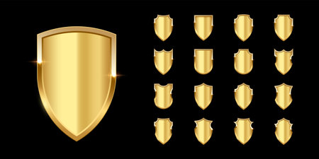Gold metal shields with reflection in shiny frames set. Military emblem isolated on black background. Vector illustration of medieval ammunition, war trophy, heraldic symbol for badge, icon.のイラスト素材