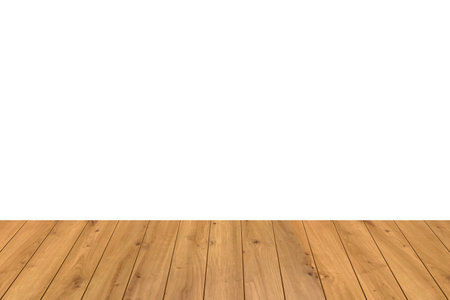 Wood table perspective background vector illustration. Wooden desk isolated on white backdrop with top front view. Realistic kitchen brown board. Rustic countertop of timber surface. Home furnitureのイラスト素材