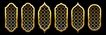 Collection of islam windows with pattern vector illustration isolated on black background. Oriental ornament, traditional Arabian design elements of decor, muslim gold frameのイラスト素材
