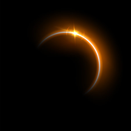Yellow solar eclipse flare vector Illustration. Gold glowing sunlight circle with shining star. Energy semicircle bright curve with glare on edge, shiny design element on black backgroundのイラスト素材