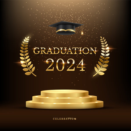 2024 graduation ceremony square banner. Award concept with academic hat, golden podium and laurel wreath under shining glitter on dark backgroundのイラスト素材
