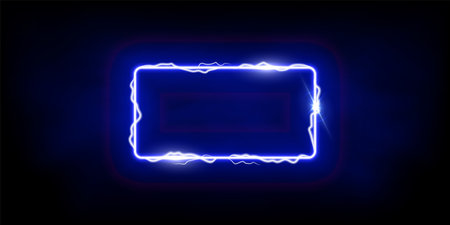 Magic blue rectangle of thunder storm blue lightnings. Magic and bright light effects electric border. Plasma frame with thunderbolt electricity lightning power effect on dark fog backgroundのイラスト素材