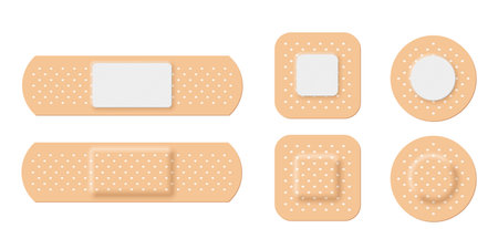 Adhesive bandage set of rectangle, square and round shapes vector illustration. 3d realistic elastic band aid, back and front view of beige plaster for emergency medical care isolated on whiteのイラスト素材
