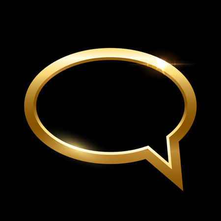 3D gold frame of speech bubble vector illustration. Realistic glossy golden balloon of social media chat on black background, elegant shiny dialog conversation cloud template with glow light effectのイラスト素材