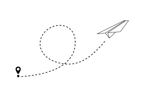 Paper plane flying forward in air with line path vector illustration. Realistic white handmade origami aeroplane, flight of airplane with trail as symbol email or online message, idea and freedomのイラスト素材
