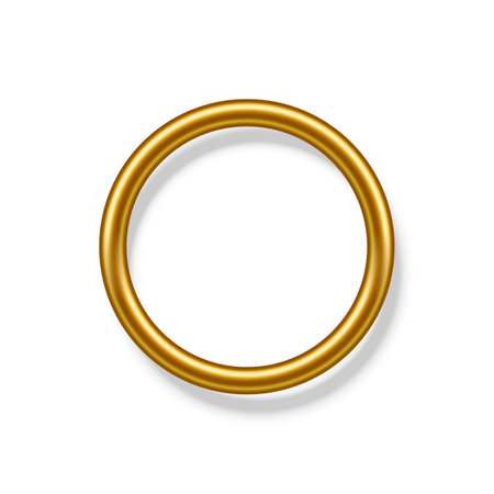 Gold round frame for picture with shadow on white background. Blank space for picture, painting, card or photo. 3d realistic circle tube template vector illustration. Simple golden object mockupのイラスト素材