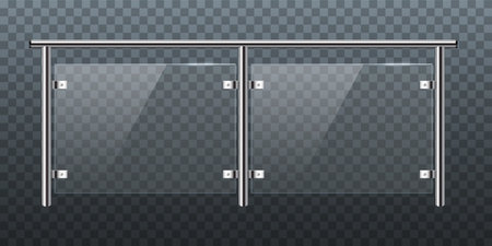 Glass or plexiglass fence with banisters. Architectural guardrail for balcony or office terrace vector illustration. Realistic modern decoration front view on transparent backgroundのイラスト素材
