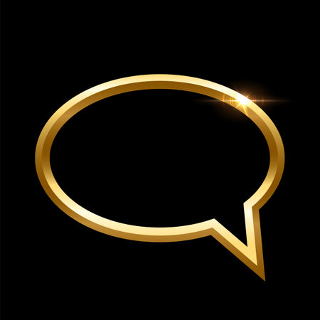 3D gold frame of speech bubble vector illustration. Realistic glossy golden balloon of social media chat on black background, elegant shiny dialog conversation cloud template with glow light effectのイラスト素材