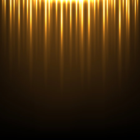 Gold light vertical lines on black background. Glowing abstract futuristic shiny pattern. Bright rays on dark background. Golden stage curtain. Vector illustrationのイラスト素材