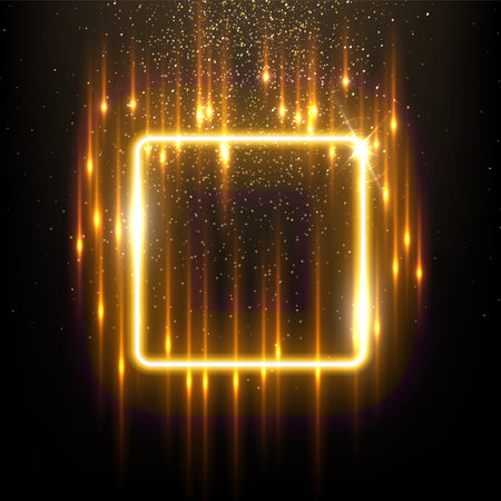 Gold square with flash rays and sparks vector illustration. Realistic 3D shiny golden frame with edges and fiery flare, precious jewelry and abstract star dust glow on black backgroundのイラスト素材