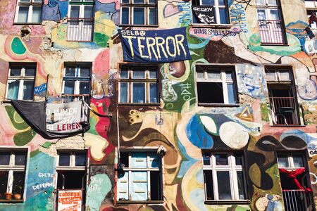 BERLIN, GERMANY - APRIL 06, 2016: Walls of Berlin squats in graffitiのeditorial素材