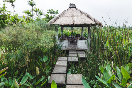 Table for two outside of restaurant in natureの写真素材