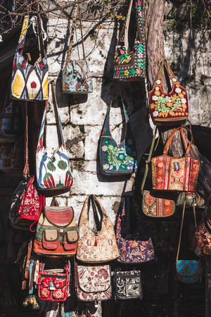 Handmade bags and backpacks sold at Istanbul market Grand Bazaarの写真素材