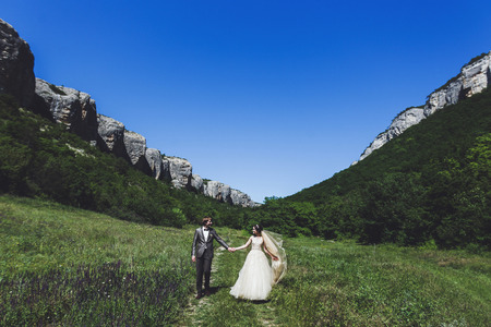 Portrait of wedding couple in green field with panoramic mountain canyon viewの写真素材
