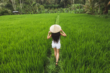 Brunette european woman walking in rice fields with traditional balinese straw hat in Ubudの写真素材