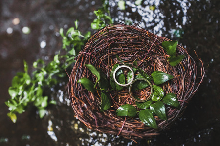 Two wedding rings in handmade wicker nest on wedding ceremonyの写真素材