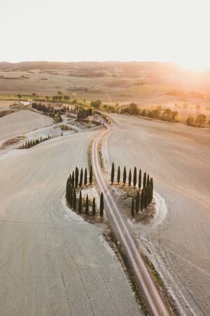 Famous Tuscany view of Cipressi di San Quirico dOrcia. Autumn aerial view of cypress trees and empty agricultural fields at sunset. Italy landscape. Popular italian landmark - Tuscan hills.の写真素材