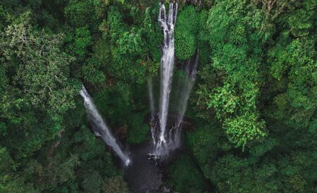 Aerial view of famous Sekumpul waterfalls in Bali, Indonesia. Tropical jungle rain forestの写真素材