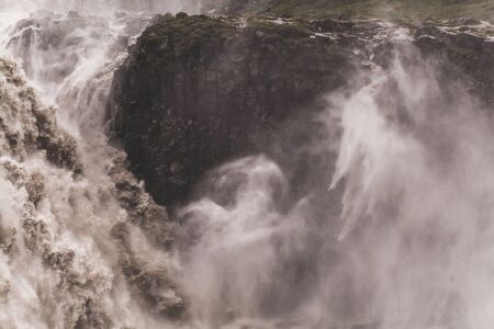Dramatic view of famous Iceland waterfall Dettifoss. Breathtaking landscape, stream of water, most...