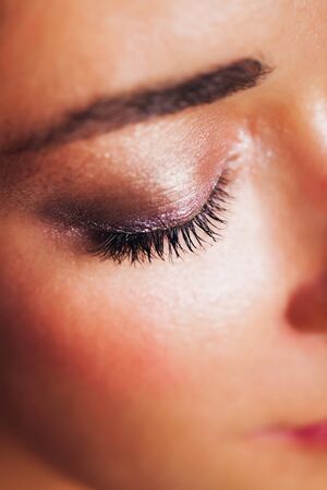 Festive glowing eyeshadow make up in brown and pink colors with shiny and glitter sparkles close up. Beauty trendy concept.の写真素材