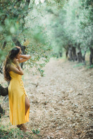 Woman in yellow summer linen dress in olive tree garden. Portrait of beautiful curly brunette girl in nature.の写真素材