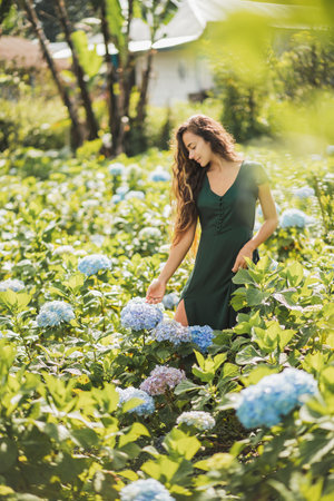 Young beautiful woman in green dress enjoying blooming blue hydrangeas flowers in garden. Gardening and florist concept. Plantation of flowers. Beauty in nature.の写真素材