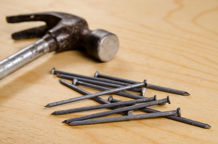Hammer and nails in the background of plywoodの写真素材