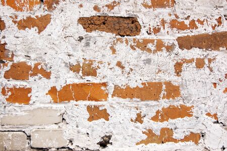 a wall of red and white bricks covered with lime