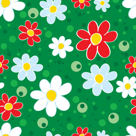 vector seamless floral pattern in country style. red, white and blue flofers on the green meadow.のイラスト素材