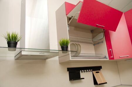 open drying cupboard with red facades next to a fume hood on which there are pots of artificial grass.の写真素材