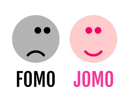 Two funny emojis showing the difference between FOMO and JOMO. JOMO means Joy Of Missing Out. FOMO means Fear Of Missing Out. Mental health concept due to oversupply of information. Digital detox.の写真素材