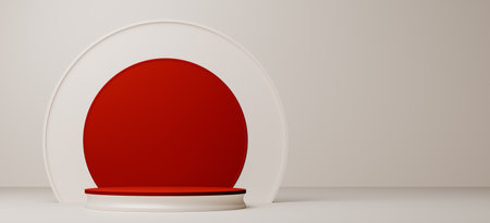 Radiant minimalism, a bold crimson sphere rests upon a delicate pedestal, evoking feelings of power, serenity, and quiet confidence, perfect for product showcasing.の写真素材