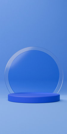 Tranquil and spacious, this vibrant blue backdrop features a clear, modern pedestal, evoking feelings of innovation and trust, ideal for cosmetic presentations, virtual events, or abstract art.の写真素材