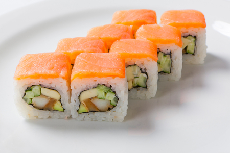 Rolls on the white plate. Japanese cuisine. Seafoodの写真素材