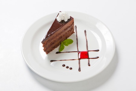Chocolate cake with chocolate creame and meant on a white plateの写真素材