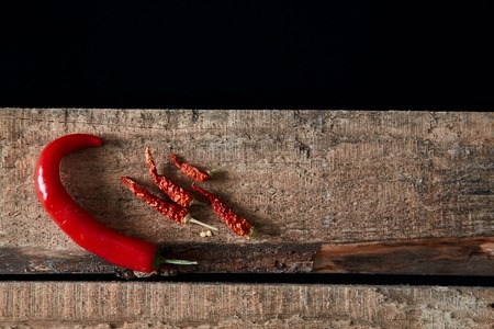 Dried hot chili pepper on the wooden background. Close up. Imageの写真素材