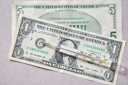 Banking, and economic or financial crisis. Inflation and depreciation money concept. Printer and dollar bills.の写真素材