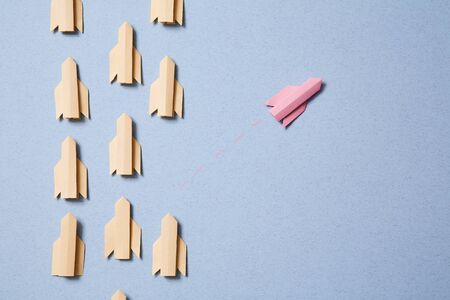 Think different, original vision or idea. Think outside the box, different way. Rocket is flying.の写真素材