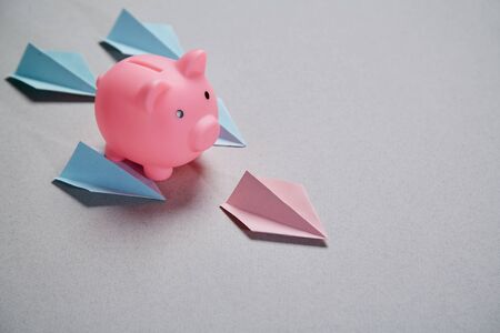 Earning, finance, investment, development and stock market concept. Pink pig flying down surrounded by paper airplanes.の写真素材