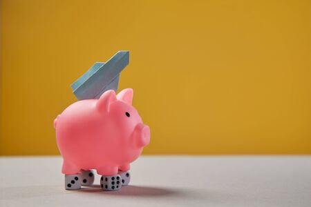 Earning, finance, investment, startup and stock market concept. Pink piggy, dice and rocket taking offの写真素材