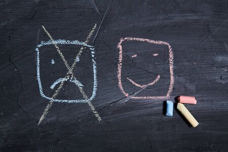 Good or bad service. Customer experience, client and Customer support. Rating and rate. Smiley face on the blackboard.の写真素材