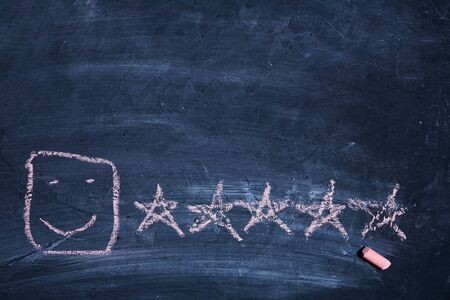 Customer experience. Client and Customer service. Evaluation classification. Smiley and five stars on the blackground.の写真素材