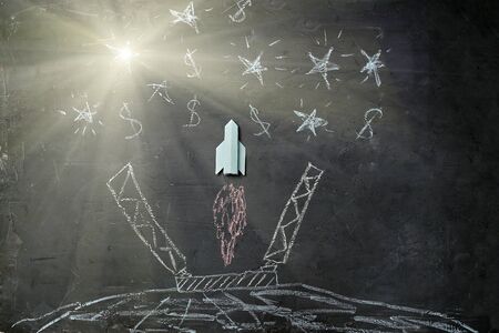 Leadership, startup and success. New business, aspirations, and investment concept. Origami rocket...